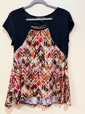 Suzie In The City Colorblock Chevron Print Blouse Gold Chain Neck Size M